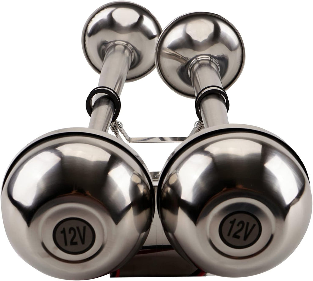 12V Marine Boat Horn Waterproof Stainless Steel Dual Trumpet Horn for Boats Ship Sailboat Yacht Off-Road Vehicle Truck SUV RV Vans Touring Car (Silver Two Tone)