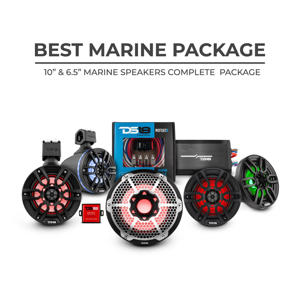 DS18 Best Marine Stereo Subwoofer Package 1 X 10” Subwoofer | 2 X 6.5” Speaker Tower | 2 X 6.5” Marine Speaker | 1 X 5 Ch Amplifier | 1 X MOFCKIT4 and 1 X LED-BTC