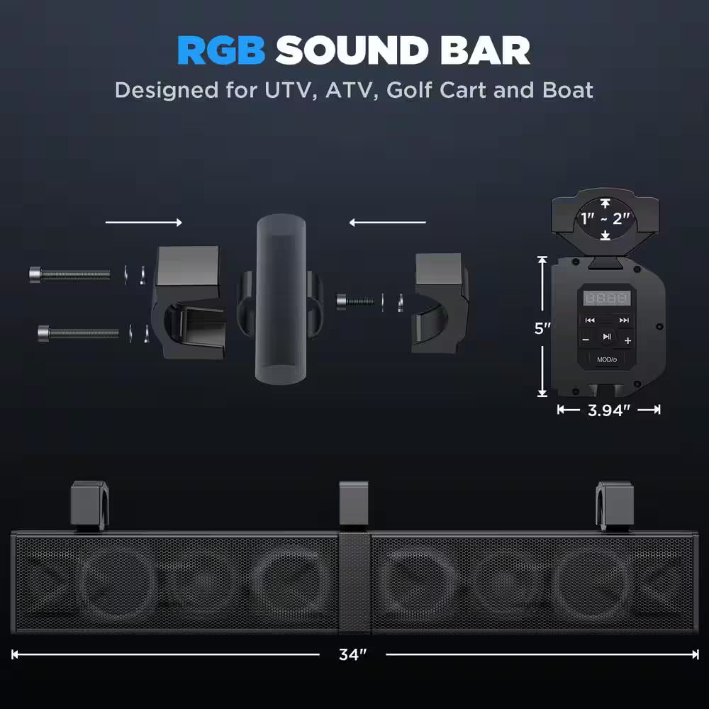 34 In. 2.0 Channel Bluetooth Amplified Soundbar IP66 Waterproof with RGB Lighting, Powersports SXS Sound Bar