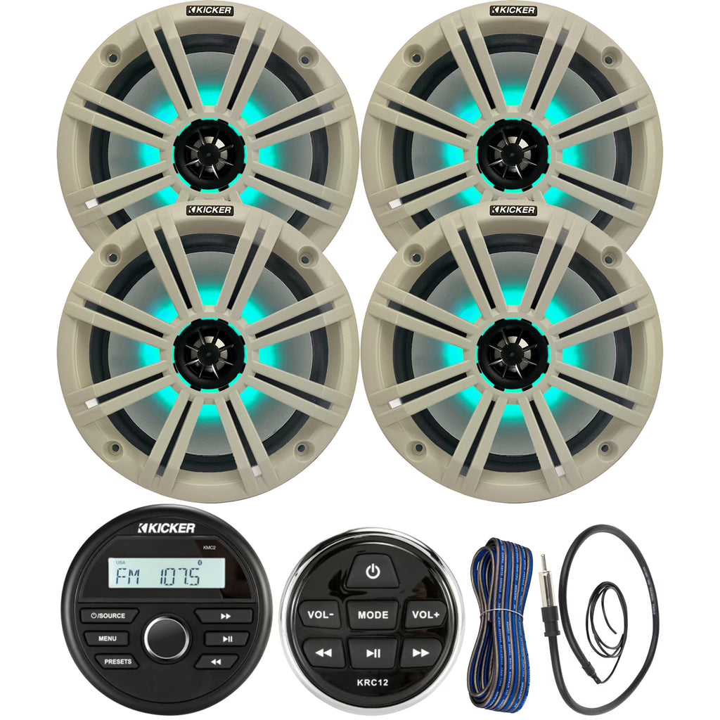 All-Weather Marine Gauge Style Bluetooth USB Stereo Receiver Bundle with Wired Remote, 4X 8" 2-Way 300W Max Coaxial Marine LED Speakers W/ White Grilles, 50-Ft 16-Gauge Wire, 22" Antenna