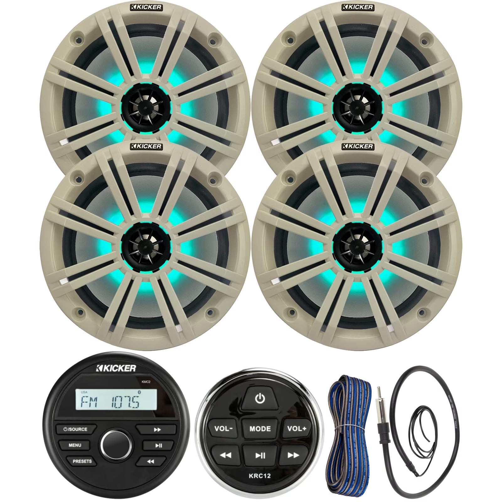 All-Weather Marine Gauge Style Bluetooth USB Stereo Receiver Bundle with Wired Remote, 4X 8" 2-Way 300W Max Coaxial Marine LED Speakers W/ White Grilles, 50-Ft 16-Gauge Wire, 22" Antenna