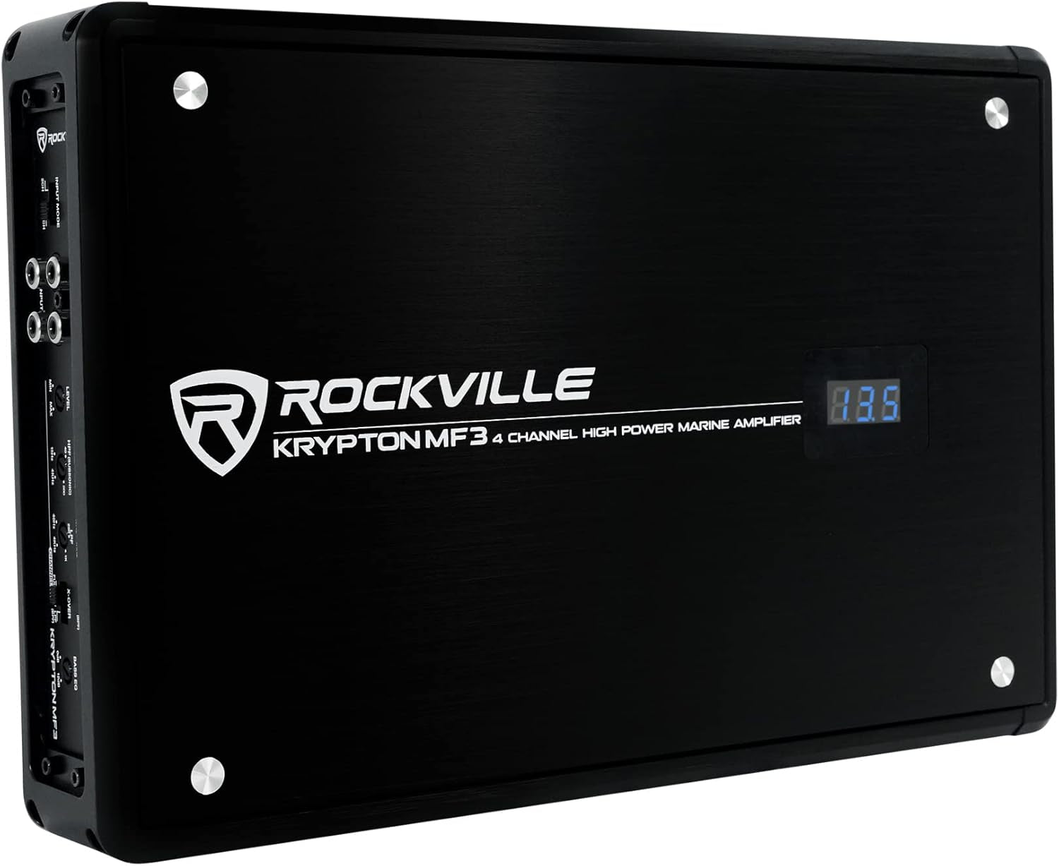 Krypton MF3 1600W Peak/400W RMS 4 Channel Marine Amplifier, PA Mic W/Talkover, Digital Voltage Display, Adjustable Crossover, Weather Resistant, for Boats & Marine Audio