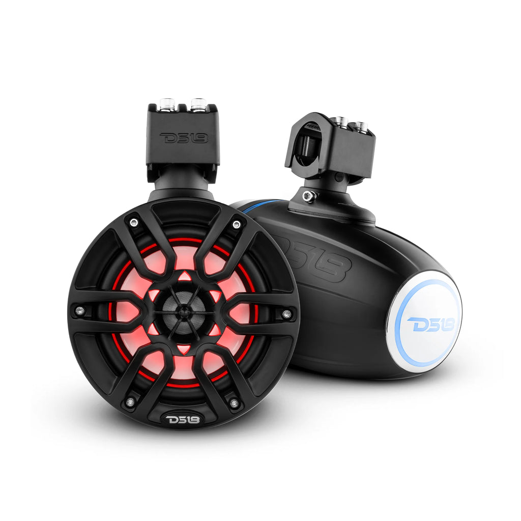 DS18 Good Marine Stereo Package 2 X 6.5” Speaker Tower| 1 X 2 Ch Amplifier | 1 X MOFCKIT4 and 1 X LED-BTC