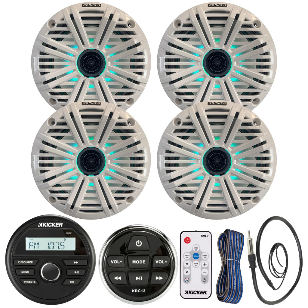 All-Weather Marine Gauge Style Bluetooth USB Stereo Receiver Bundle with Wired Remote, 4X 6.5" 2-Way 195W Max Coaxial Marine LED Speakers W/ Remote, White Salt Water Grilles, Wire, Antenna