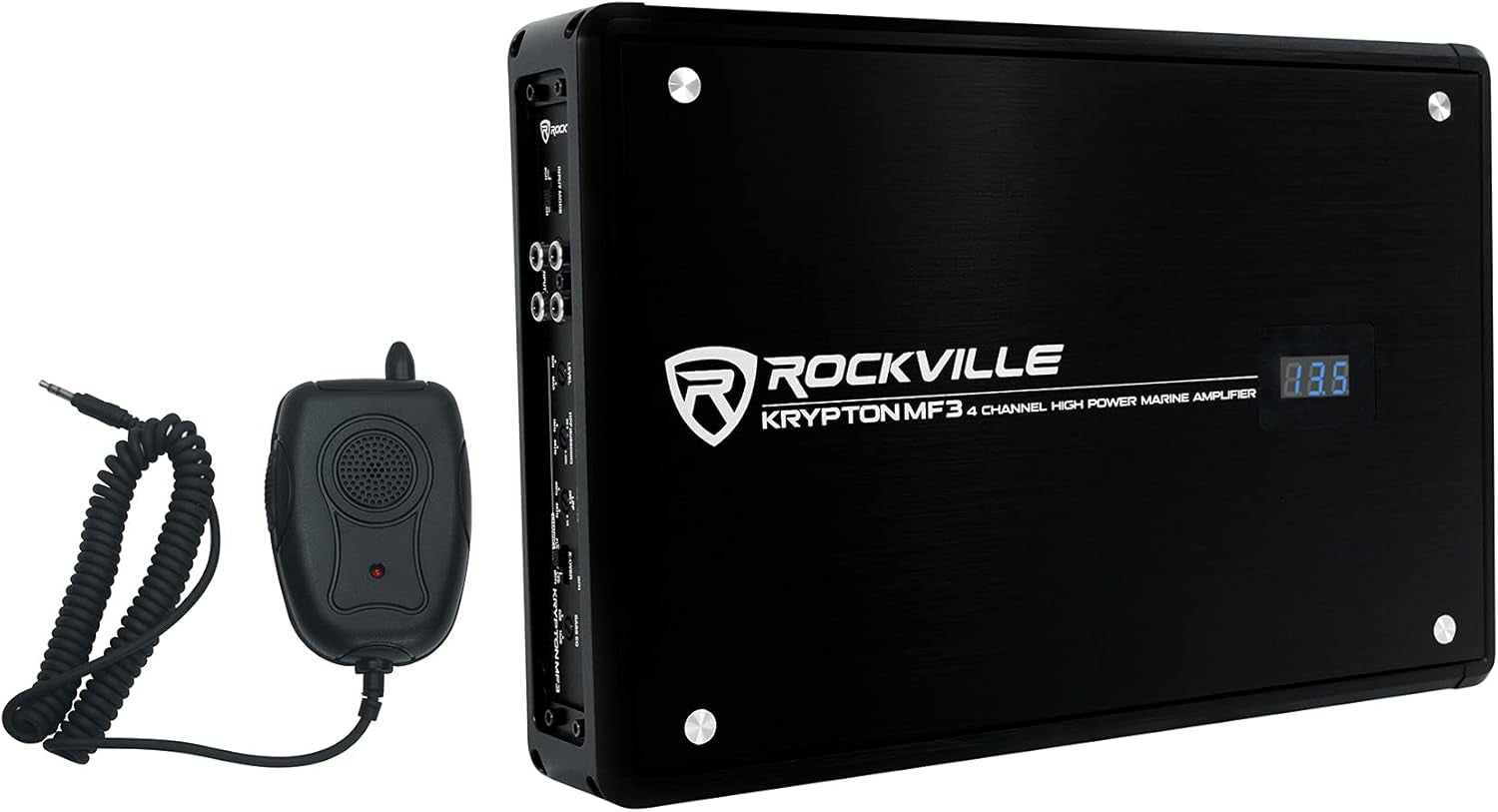 Krypton MF3 1600W Peak/400W RMS 4 Channel Marine Amplifier, PA Mic W/Talkover, Digital Voltage Display, Adjustable Crossover, Weather Resistant, for Boats & Marine Audio