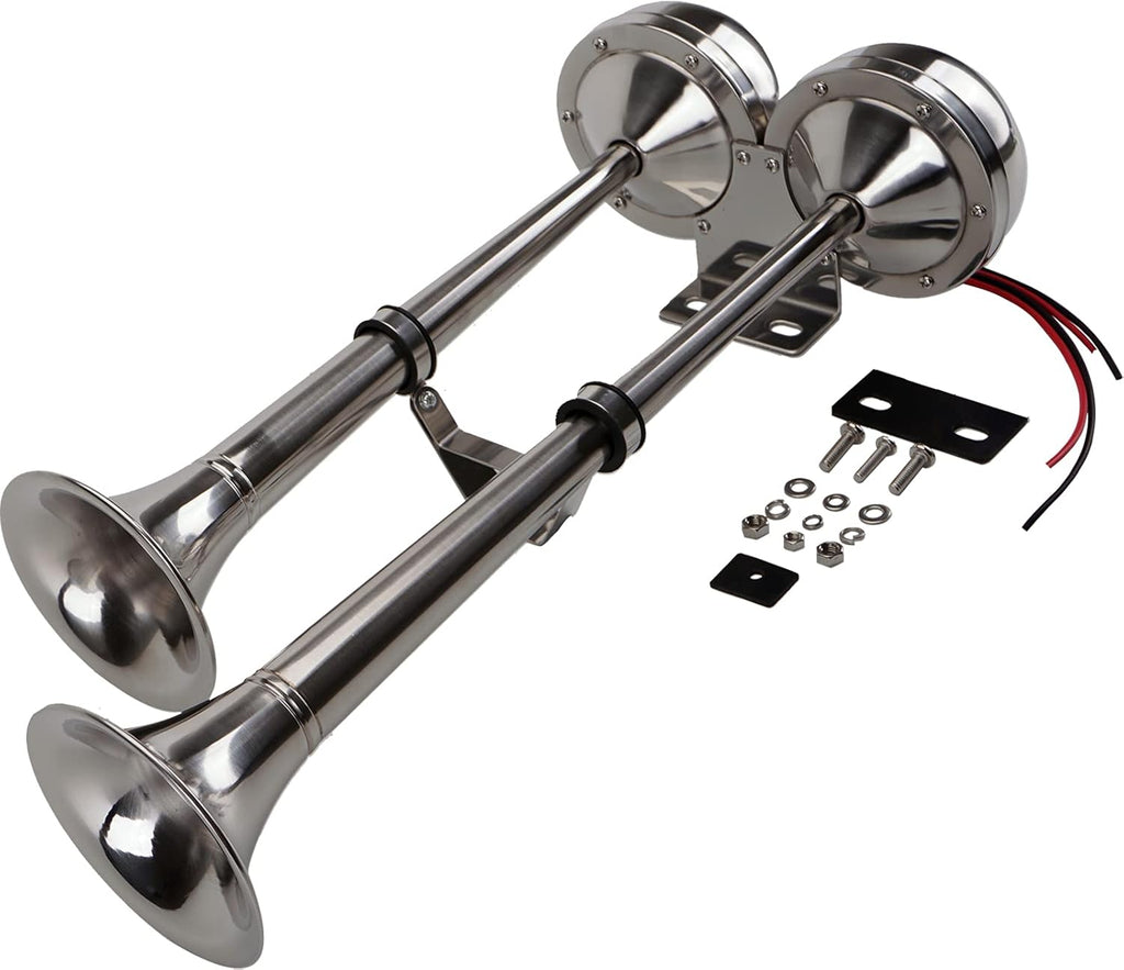12V Marine Boat Horn Waterproof Stainless Steel Dual Trumpet Horn for Boats Ship Sailboat Yacht Off-Road Vehicle Truck SUV RV Vans Touring Car (Silver Two Tone)