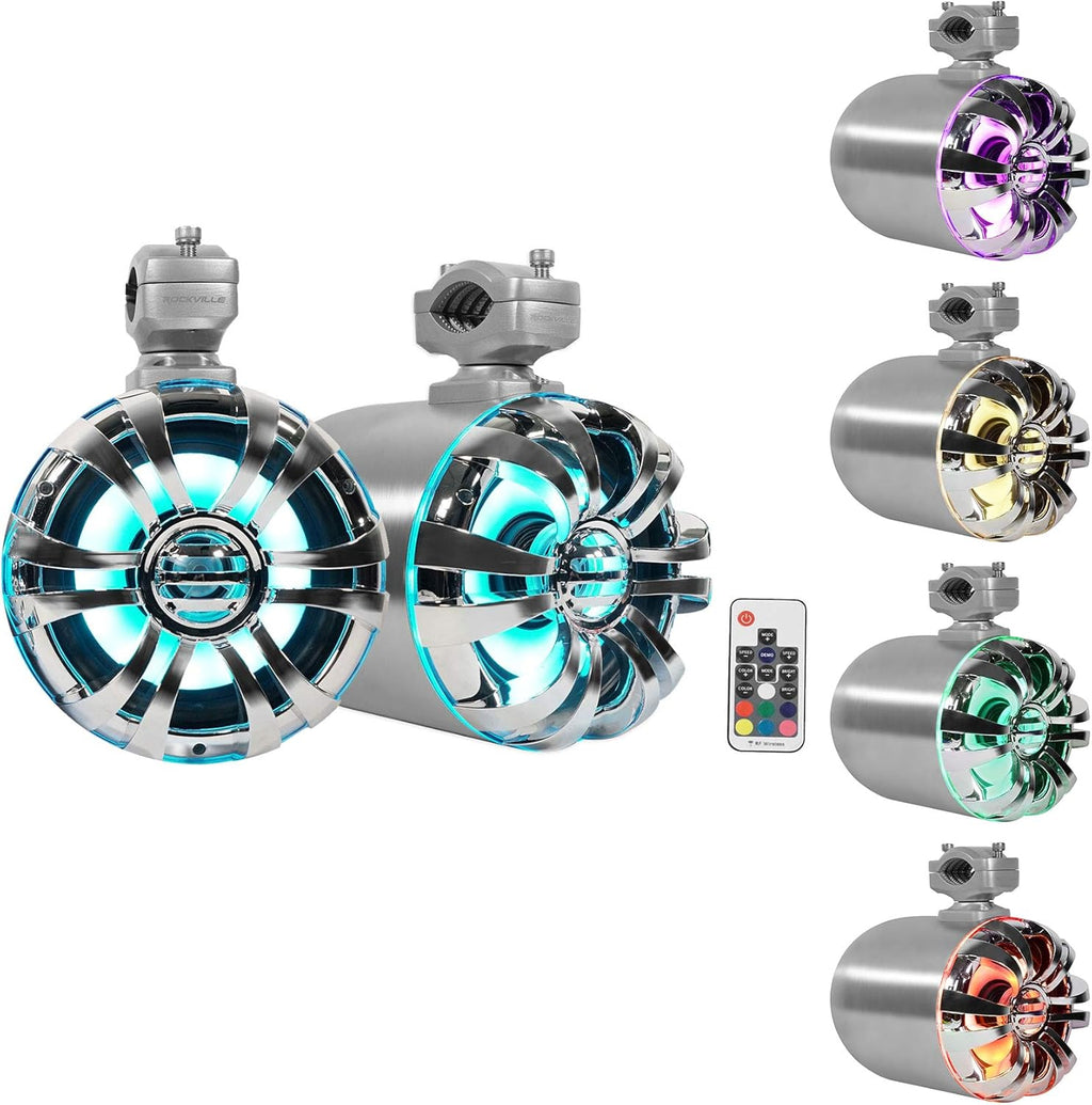 WB65KLED 600W Peak/300W RMS Marine Wakeboard Tower Speakers Pair, 6.5", Built-In LED Lights, 360 Degree Swivel, Waterproof, 4 Ohm, for Boats, Jeeps, and Atvs