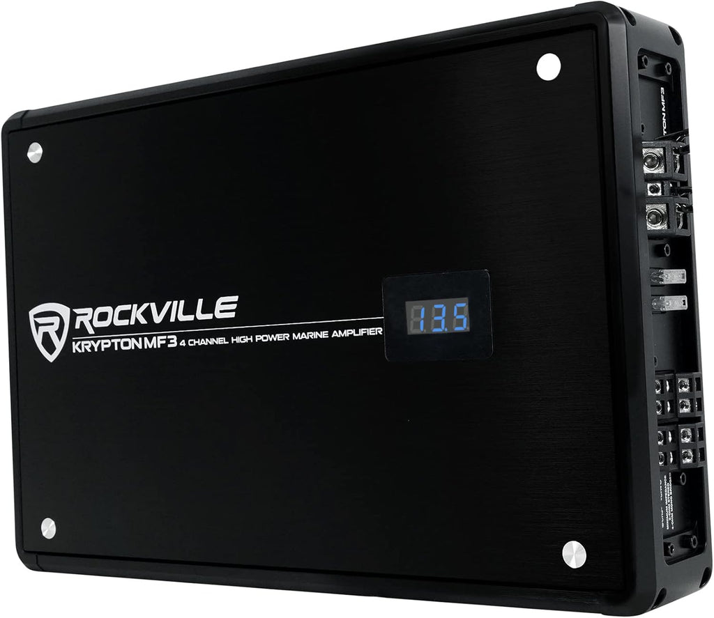 Krypton MF3 1600W Peak/400W RMS 4 Channel Marine Amplifier, PA Mic W/Talkover, Digital Voltage Display, Adjustable Crossover, Weather Resistant, for Boats & Marine Audio