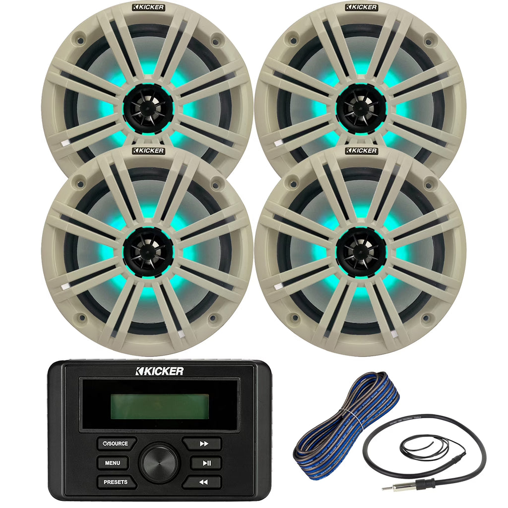 Weather-Resistant Marine Bluetooth USB RCA Stereo Receiver Bundle Combo with (QTY 4) 8" 2-Way 300W Max Coaxial Marine LED Speakers W/ White Grilles, 50-Ft 16-Gauge Wire, Antenna