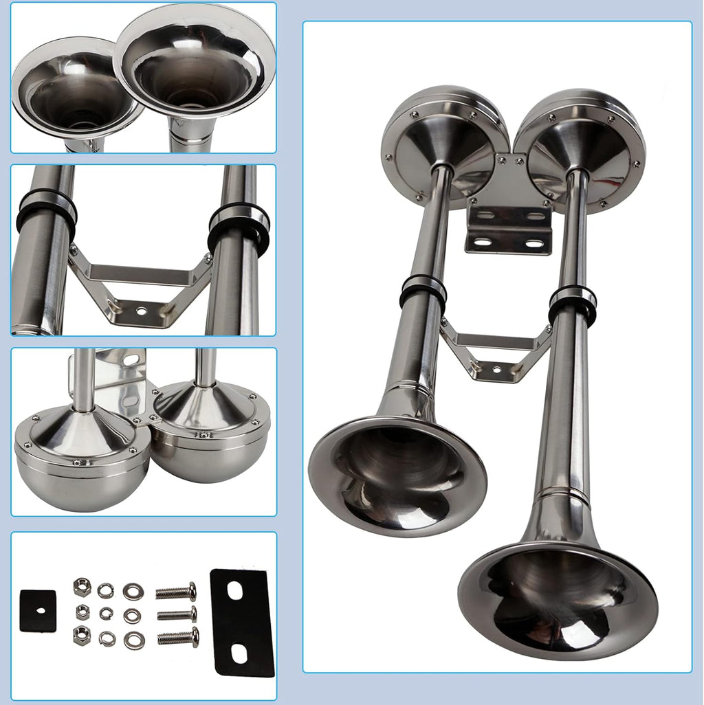 12V Marine Boat Horn Waterproof Stainless Steel Dual Trumpet Horn for Boats Ship Sailboat Yacht Off-Road Vehicle Truck SUV RV Vans Touring Car (Silver Two Tone)