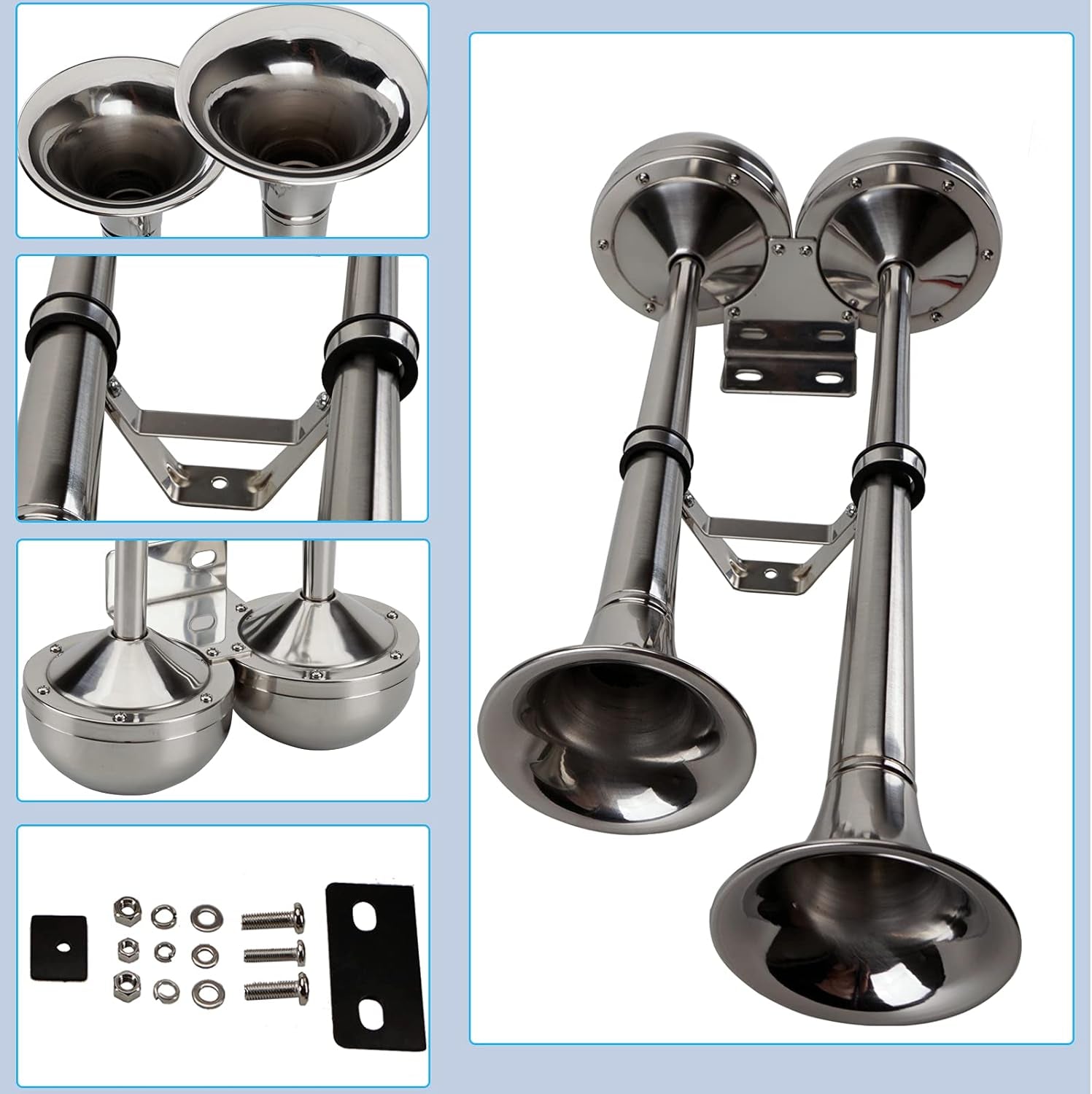 12V Marine Boat Horn Waterproof Stainless Steel Dual Trumpet Horn for Boats Ship Sailboat Yacht Off-Road Vehicle Truck SUV RV Vans Touring Car (Silver Two Tone)