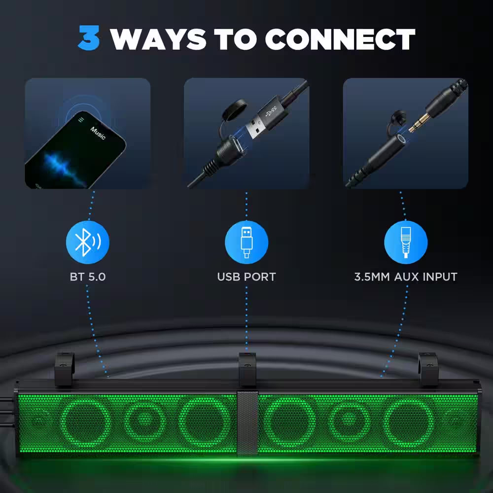 34 In. 2.0 Channel Bluetooth Amplified Soundbar IP66 Waterproof with RGB Lighting, Powersports SXS Sound Bar