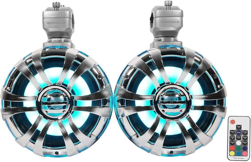 WB65KLED 600W Peak/300W RMS Marine Wakeboard Tower Speakers Pair, 6.5", Built-In LED Lights, 360 Degree Swivel, Waterproof, 4 Ohm, for Boats, Jeeps, and Atvs