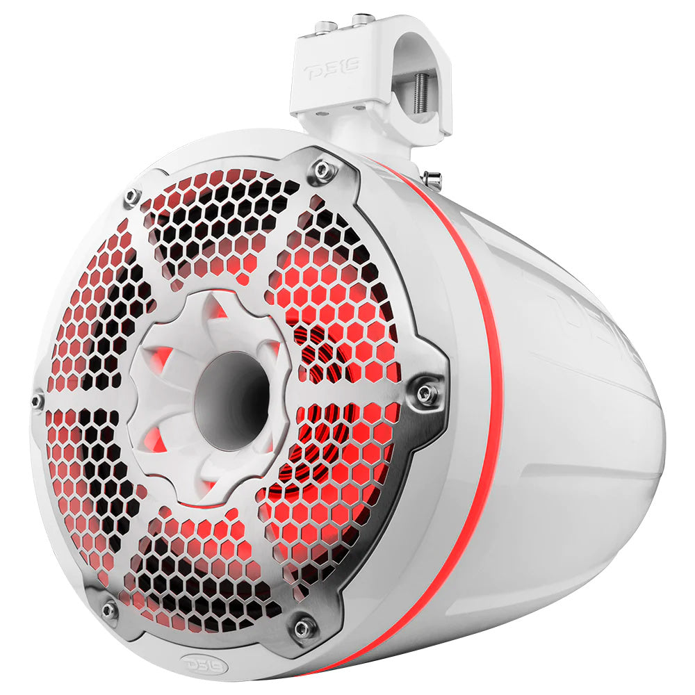 DS18 HYDRO 10 Neodymium Marine Towers wBuiltIn Passive Radiator 1 Driver  RGB LED Lights  900W  White NXLX10TPNEOWH