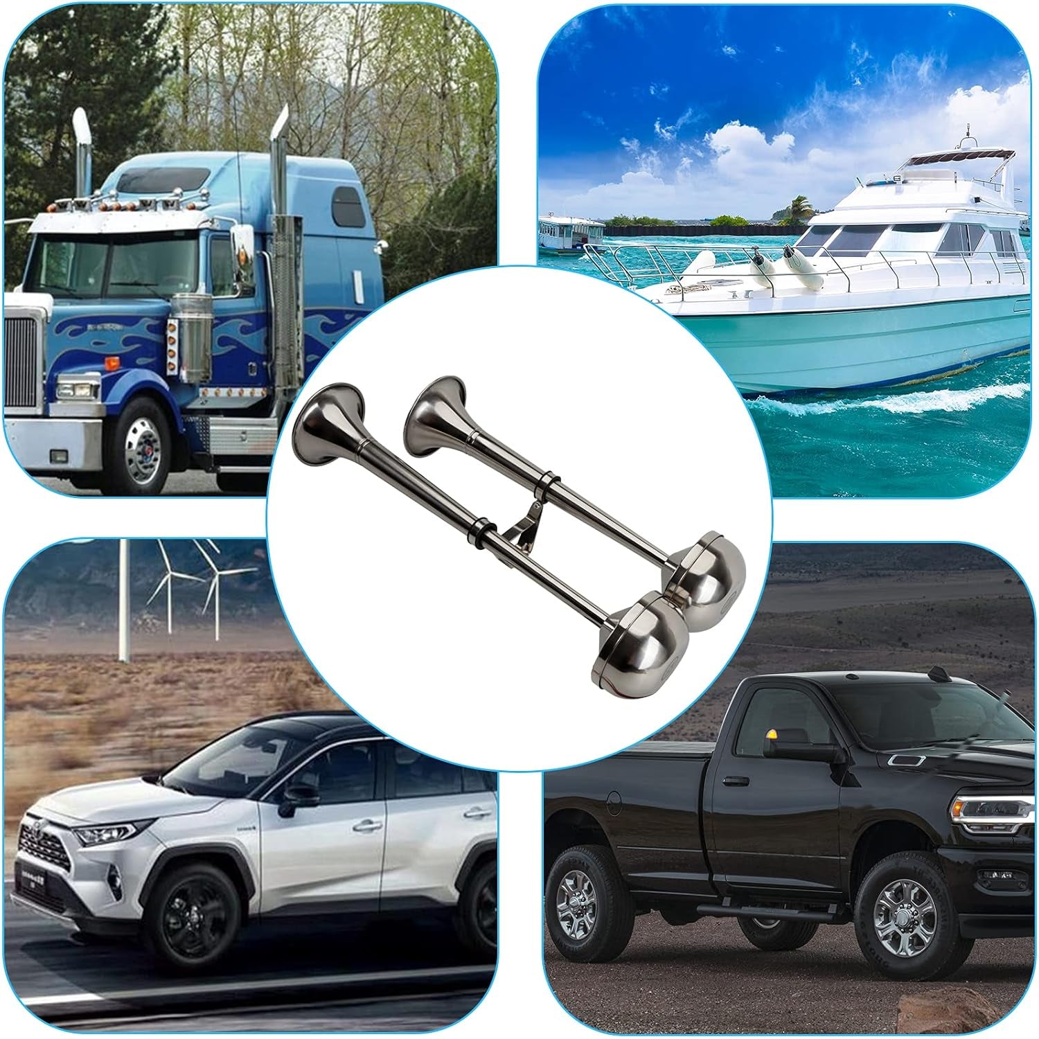 12V Marine Boat Horn Waterproof Stainless Steel Dual Trumpet Horn for Boats Ship Sailboat Yacht Off-Road Vehicle Truck SUV RV Vans Touring Car (Silver Two Tone)
