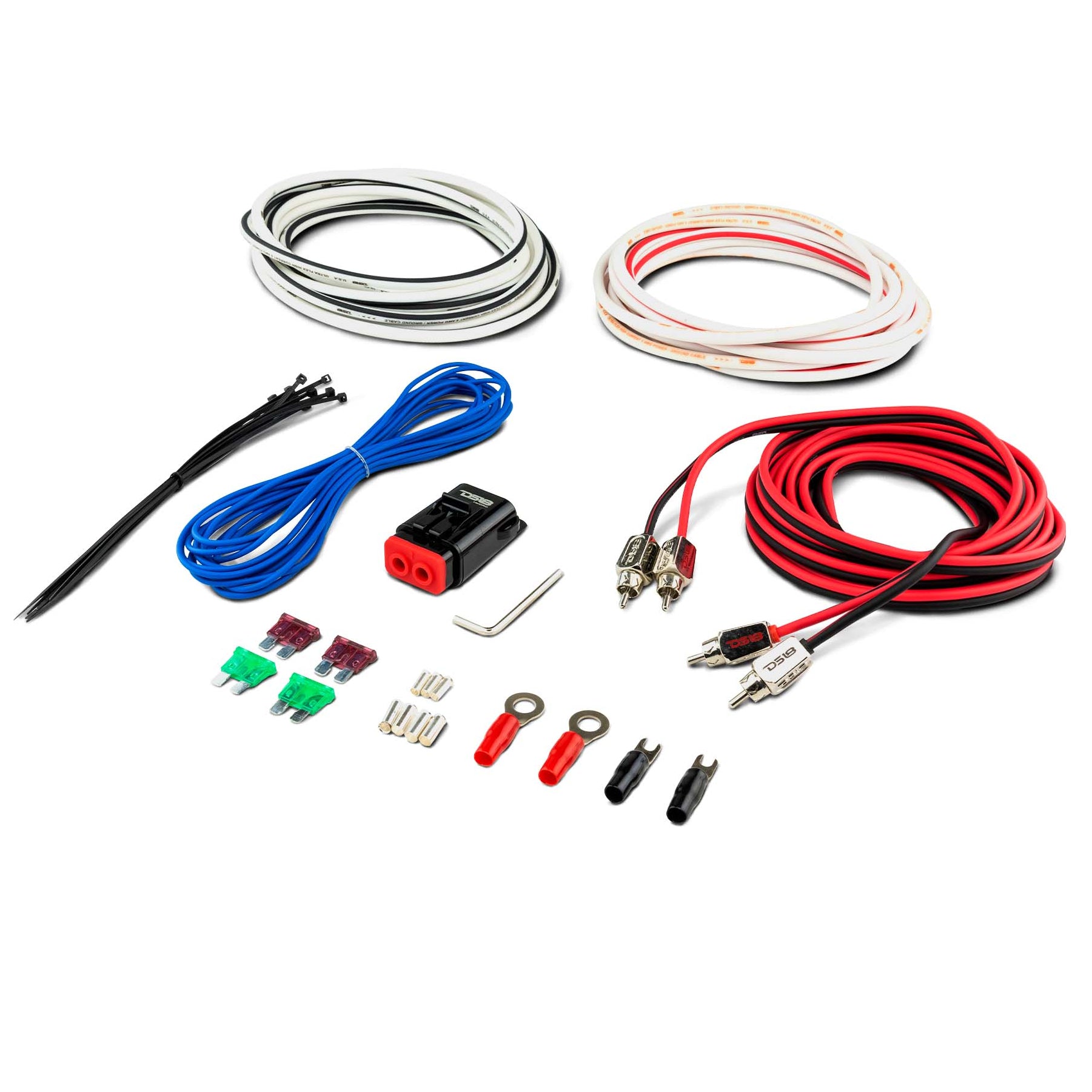 Collection of automotive wiring components included in the "good marine package " on a white background