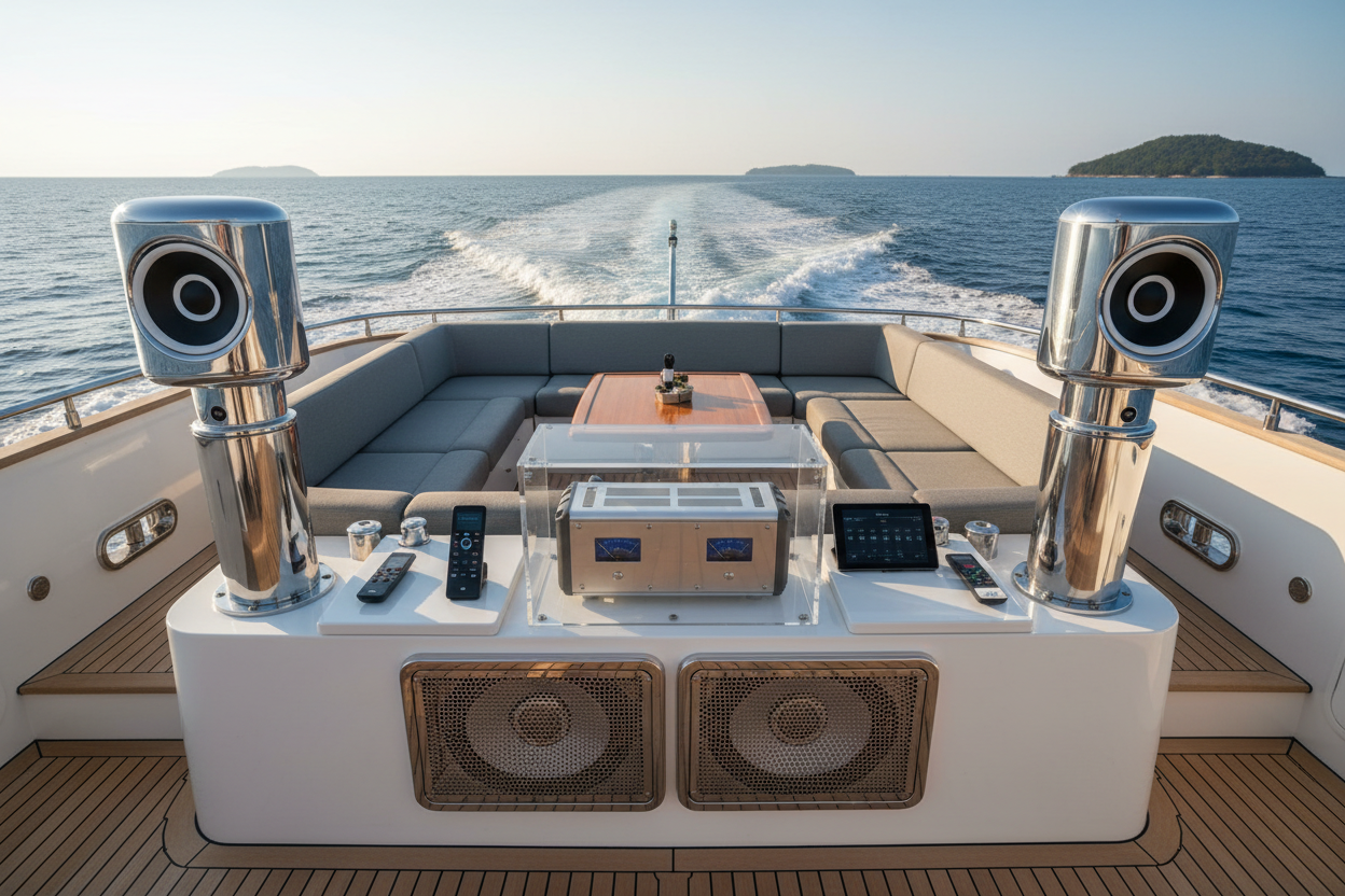 a medium sized yacht, cruising through the ocean, blasting loud music.  show case their updated audio equipment, as main focus point. a realistic and practical