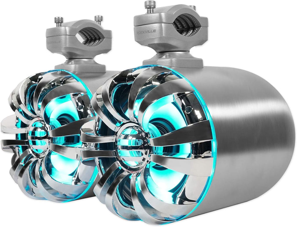 WB65KLED 600W Peak/300W RMS Marine Wakeboard Tower Speakers Pair, 6.5", Built-In LED Lights, 360 Degree Swivel, Waterproof, 4 Ohm, for Boats, Jeeps, and Atvs