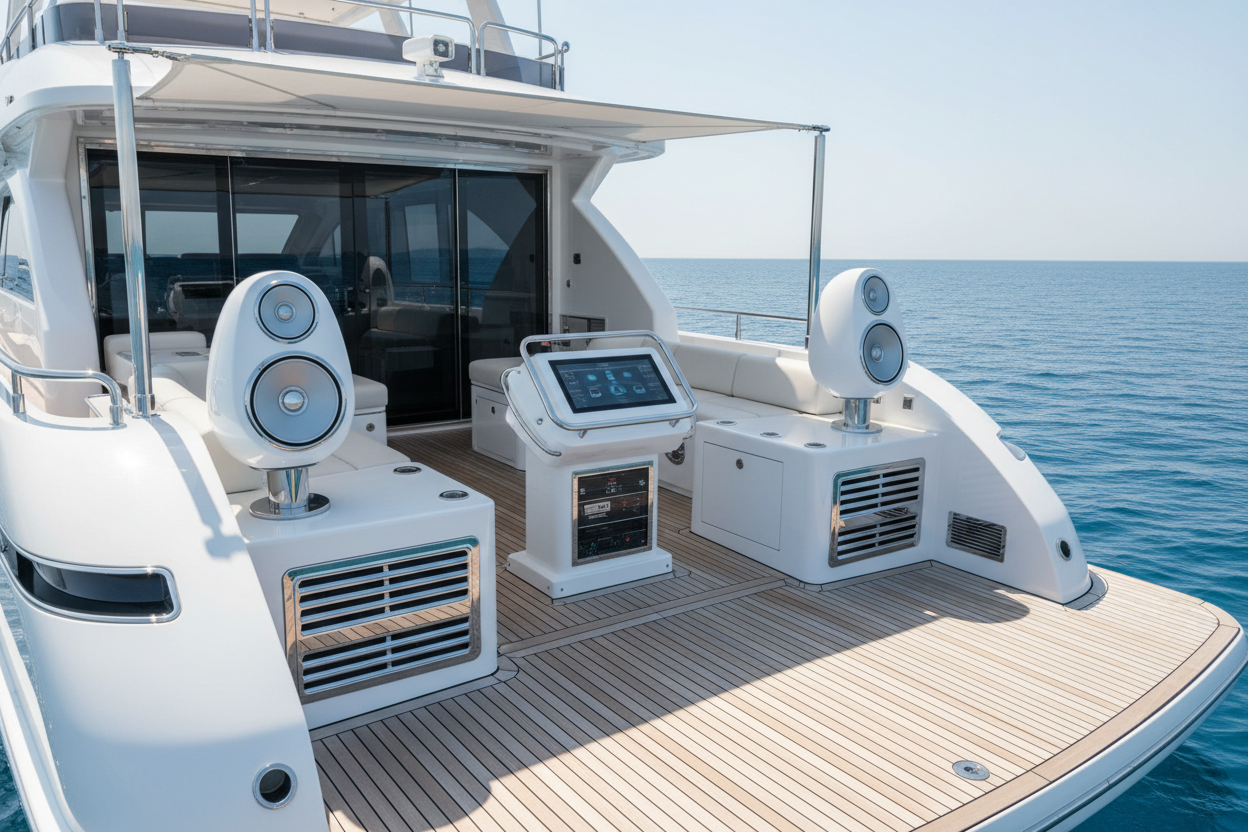 back angle view of an elegant yacht with audio equipment visibly seen, it is for a audio webstore