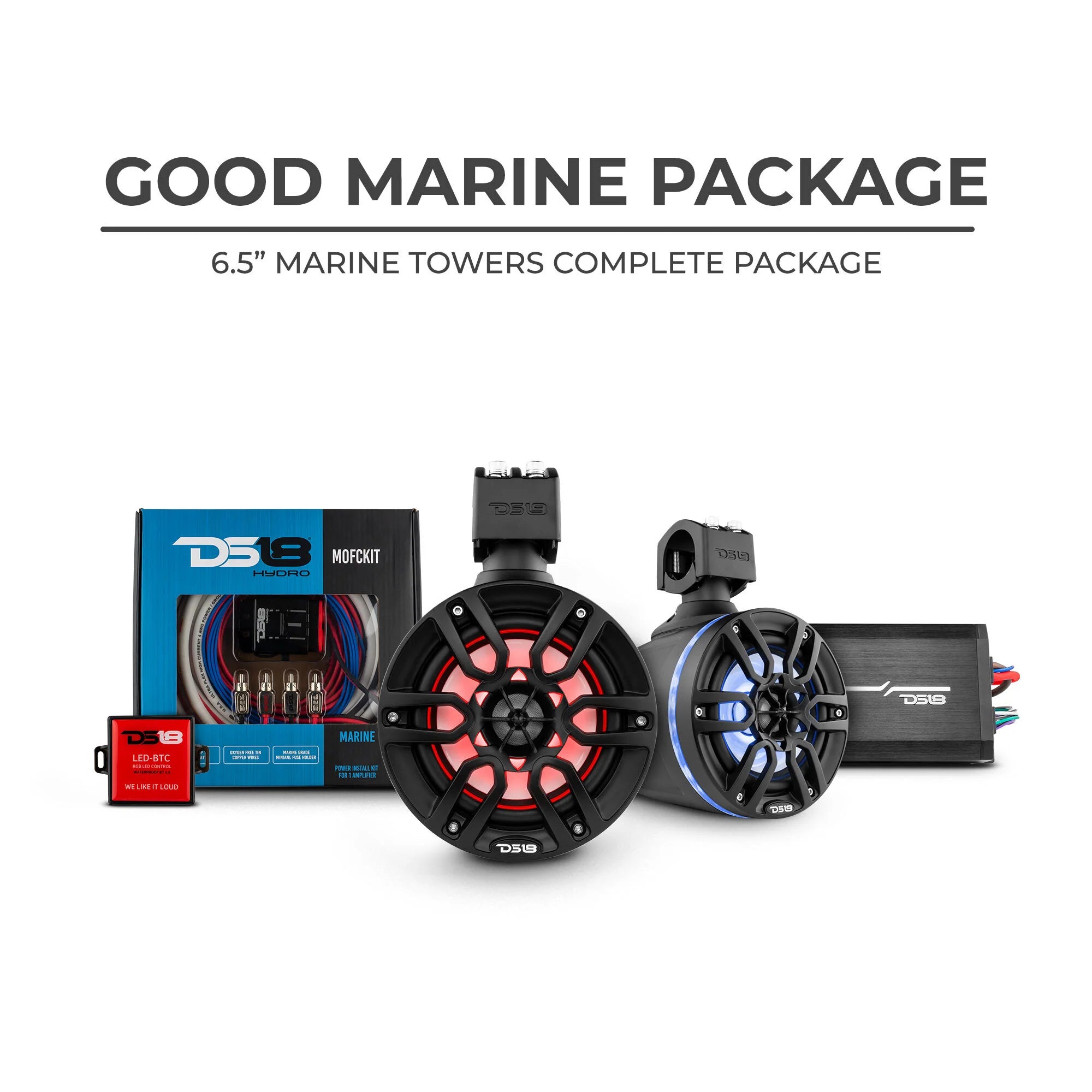 DS18 Good Marine Stereo Package 2 X 6.5” Speaker Tower| 1 X 2 Ch Amplifier | 1 X MOFCKIT4 and 1 X LED-BTC