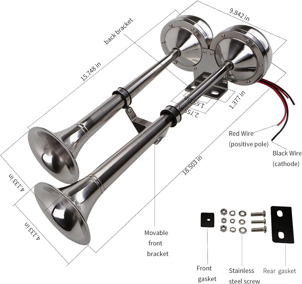 12V Marine Boat Horn Waterproof Stainless Steel Dual Trumpet Horn for Boats Ship Sailboat Yacht Off-Road Vehicle Truck SUV RV Vans Touring Car (Silver Two Tone)