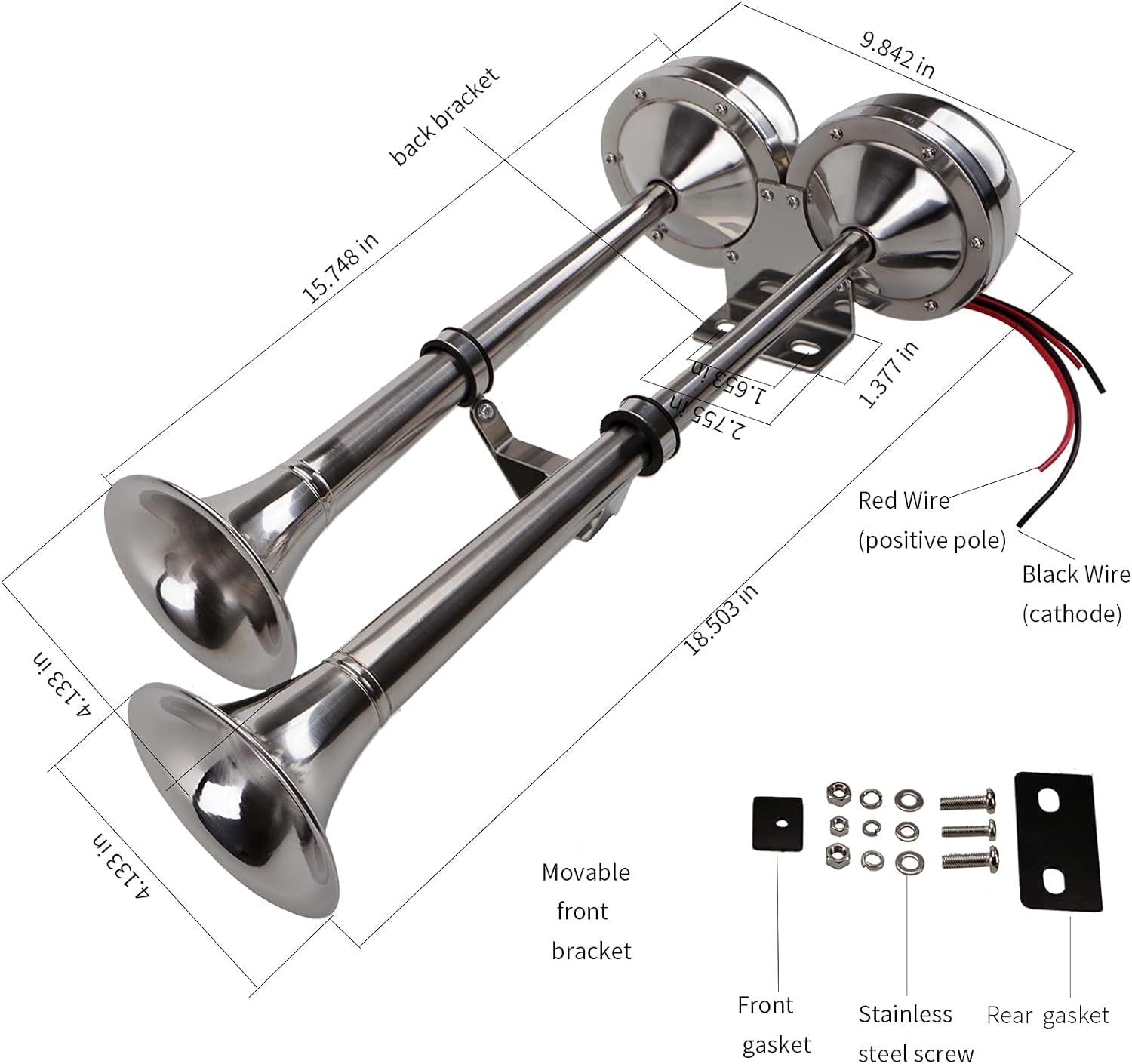 12V Marine Boat Horn Waterproof Stainless Steel Dual Trumpet Horn for Boats Ship Sailboat Yacht Off-Road Vehicle Truck SUV RV Vans Touring Car (Silver Two Tone)