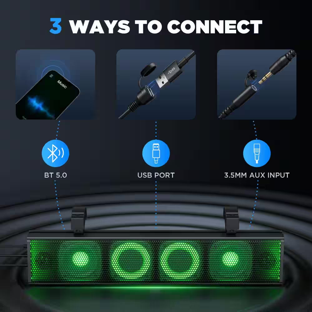 25" Waterproof Sound Bar-Bluetooth Speaker with RGB Lighting Compatible W/ Polaris RZR Can-Am