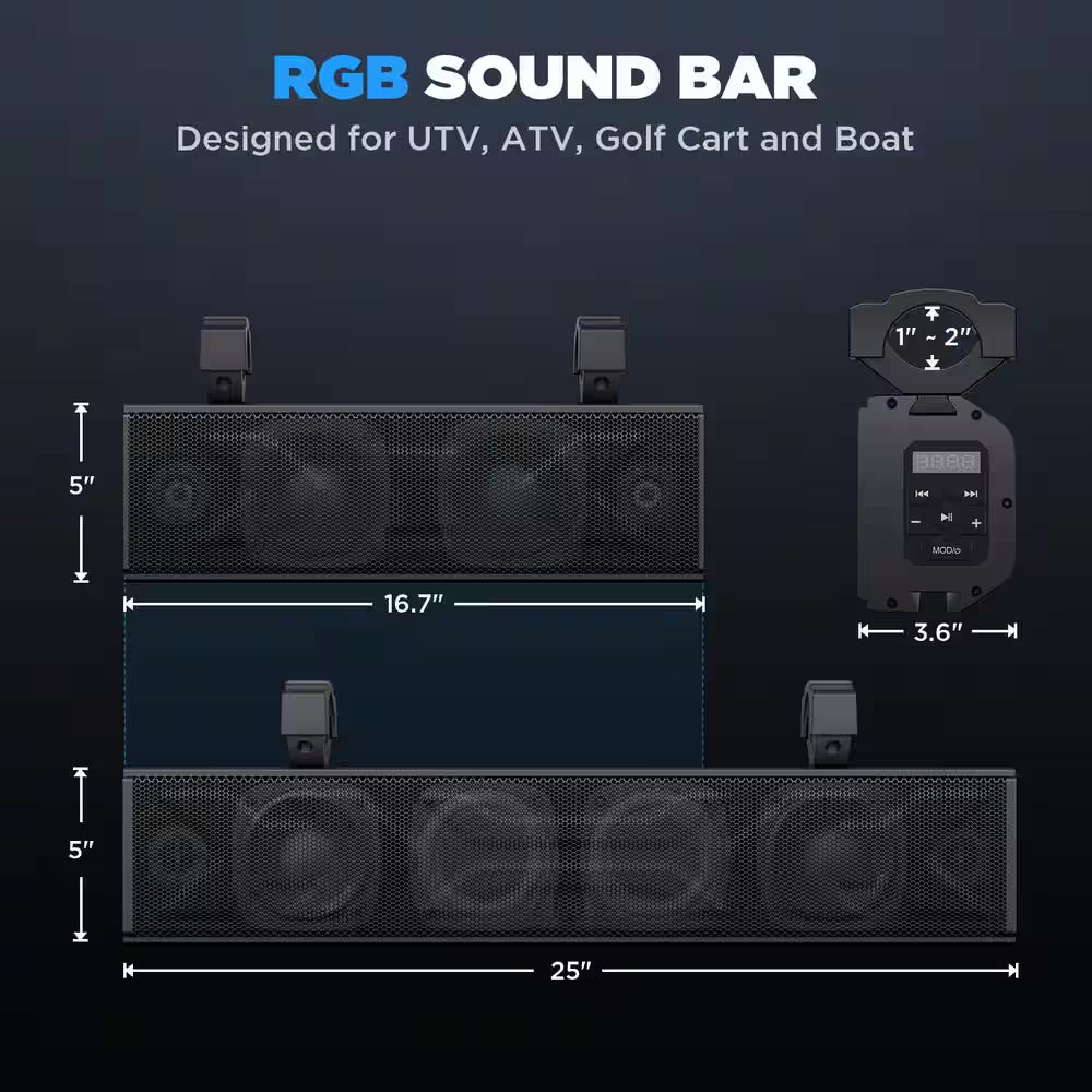 25" Waterproof Sound Bar-Bluetooth Speaker with RGB Lighting Compatible W/ Polaris RZR Can-Am